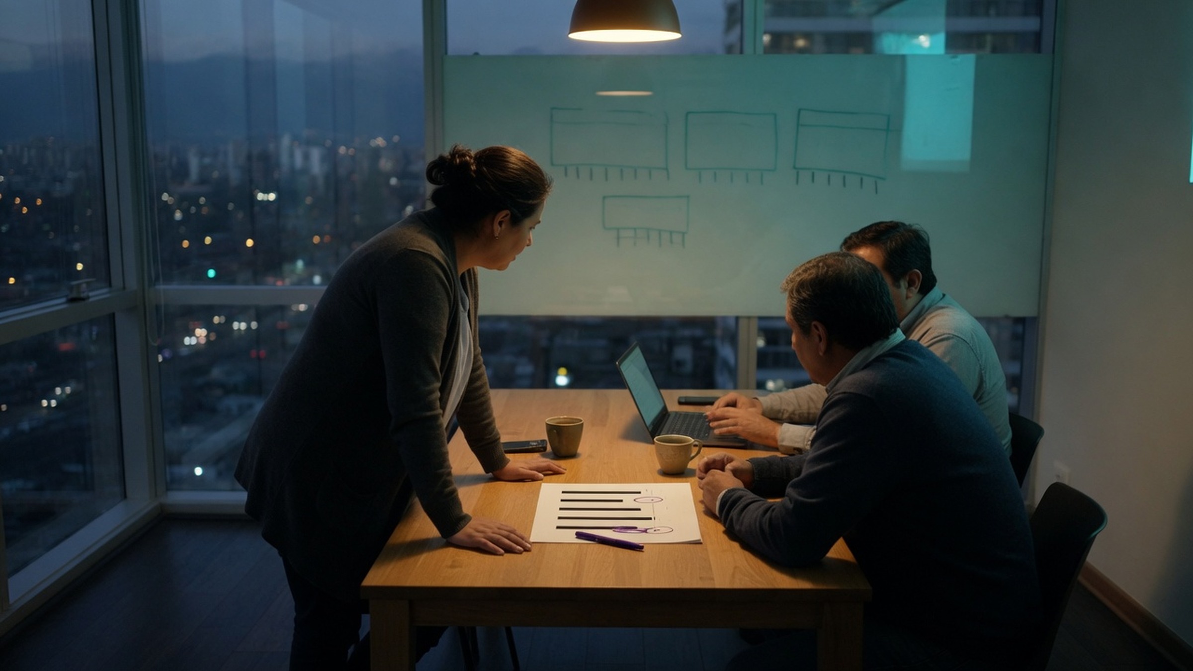 Tres personas revisando una propuesta impresa sobre la mesa de una sala de reuniones, con Santiago de noche por la ventana.