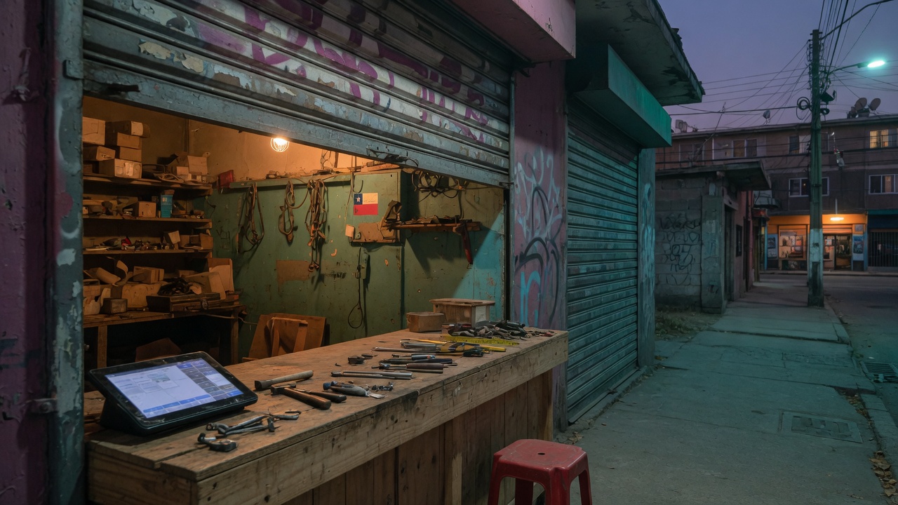 Taller de barrio al anochecer, con mostrador y punto de venta.