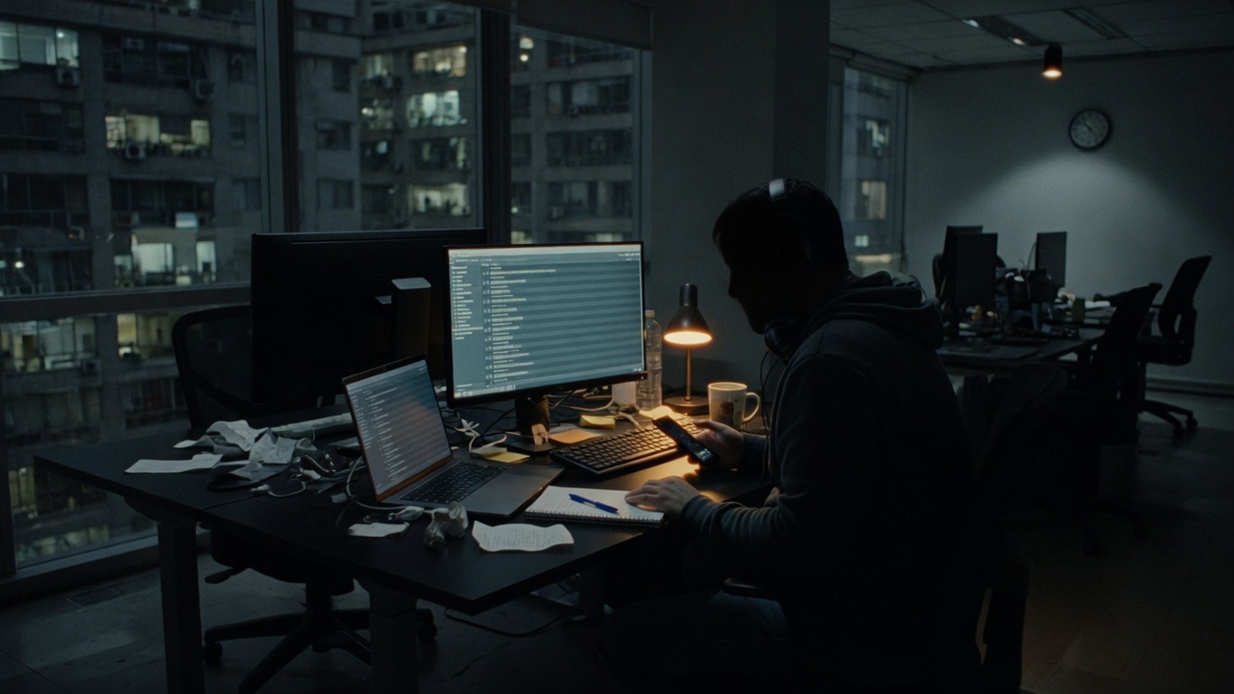 Un ingeniero solo de noche en la oficina, siguiendo un despliegue en la pantalla de su escritorio.
